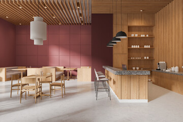 Colored cafe interior with bar island and dining tables with chairs in row