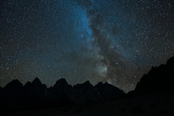 Starry sky with Milky Way galaxy, silhouette of mountains in foreground, night scene. Night landscape with starry sky and milky way over mountain range, celestial background. Photorealistic image capt