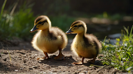 Obraz premium Ducklings following their mother, symbolizing guidance and protection.