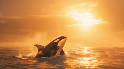 Fototapeta premium Orcas dance in the sea with dolphins. Amazing pure light, bright sunlight, Atlantis, bright background. Minimal, highly detailed