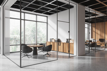 White office interior with glass meeting and coworking near panoramic window