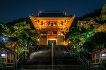 Obraz premium Photo of Kiyomelin Temple in Fushim, Japan at night with a golden door and stairs leading to the temple entrance, illuminated by lights, surrounded by trees, taken from the front with a wide angle vie