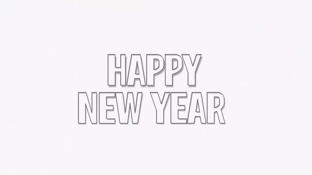 motion text happy new year 3D extruded on white background with explotion confetti from bottom left and right.