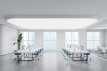 Stylish office room interior with coworking and glass conference room, window