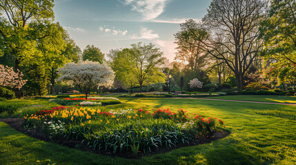 Obraz premium Picturesque Spring Park with Blooming Dogwood Trees and Colorful Flowerbeds