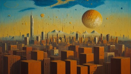 Obraz premium Abstract Cityscape Painting for Postcard Advertisement and Picture Frame