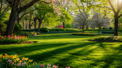 Naklejka premium Picturesque Spring Park with Blooming Dogwood Trees and Colorful Flowerbeds