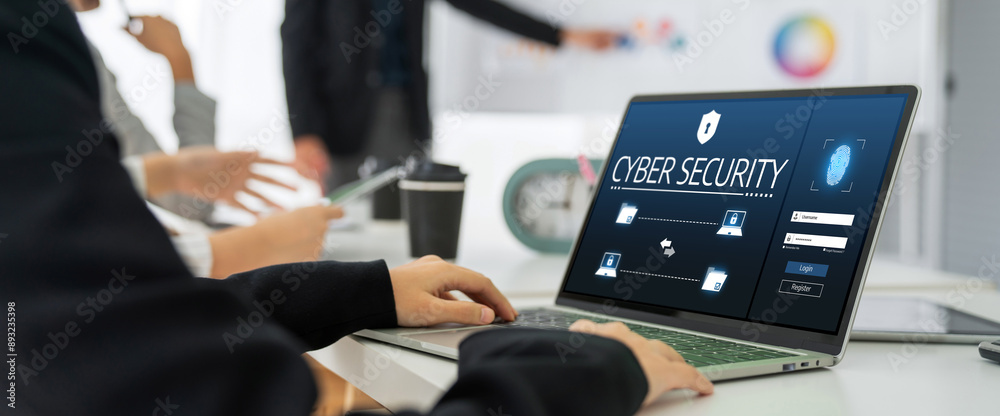 Poster cyber security system on computer screen protect private information snugly from hacker and cyber at
