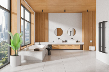 Modern bathroom interior featuring a bathtub, sinks, mirrors, and plants. Contemporary design. Urban city view. Spacious and stylish concept. 3D rendering