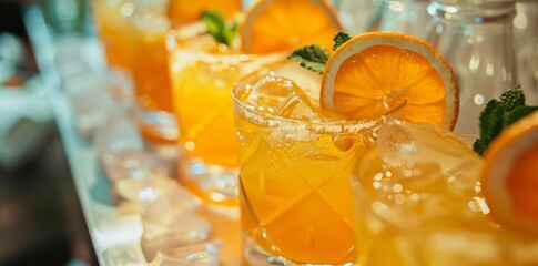 Citrus garnishes add zest to vibrant drinks, perfectly set for the evening revelers. 