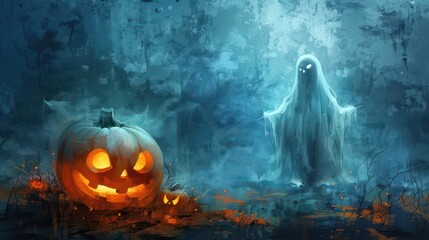 Halloween party invitation with simple ghost and pumpkin