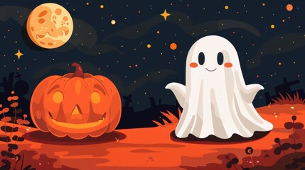 Halloween party invitation with simple ghost and pumpkin