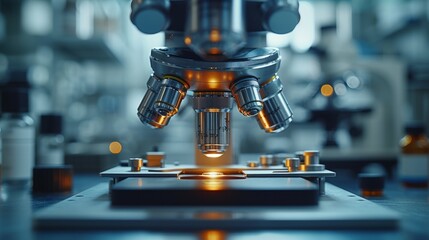 A Close up of a Microscope With a Bright Light Shining Through the Lens - Generative AI