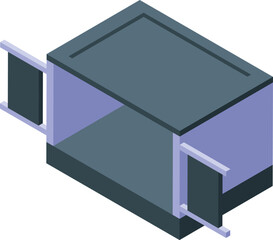 Isometric view of empty metal container with open doors, ready for loading or unloading