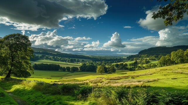 Scenic view of lush green fields and dramatic clouds under a vibrant blue sky in rolling countryside landscape.