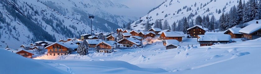 Fototapeta premium Idyllic snowy mountain village at twilight with cozy wooden cabins, soft glowing lights, and serene winter landscape.