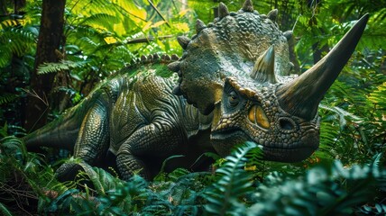 Realistic statue of a Triceratops dinosaur in a dense jungle setting with lush green foliage, evoking a prehistoric era.