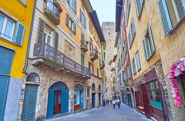 The narrow Via Gombito with Gombito Tower, Bergamo, Italy