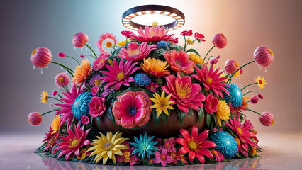 Colorful 3D flower pot arrangement with oversized whimsical blooms in a fantastical setting, meticulously detailed with Unreal Engine, Octane Engine, or Vray.