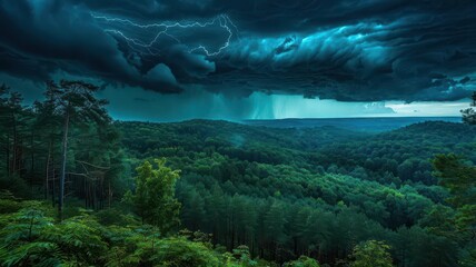 Breathtaking landscape of a dense forest with a dramatic stormy sky, showcasing lightning and dark clouds over the treetops.