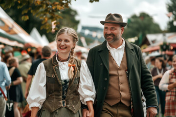 Smiling couple in traditional Bavarian attire walking at a lively outdoor festival with people in the background. Cultural celebration, Oktoberfest, traditional clothing, festive atmosphere concept.