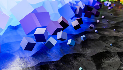 3D render of purple and blue colored levitating cubes on black background