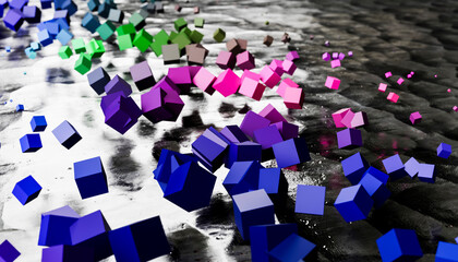 3D rendering of various colored cubes levitating over sea water
