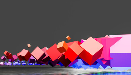 3D rendering of vibrant colored cubes levitating over sea water