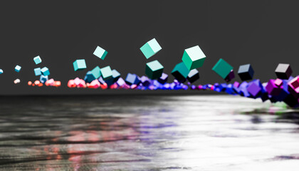3D render of vibrant colored cubes levitating over sea water