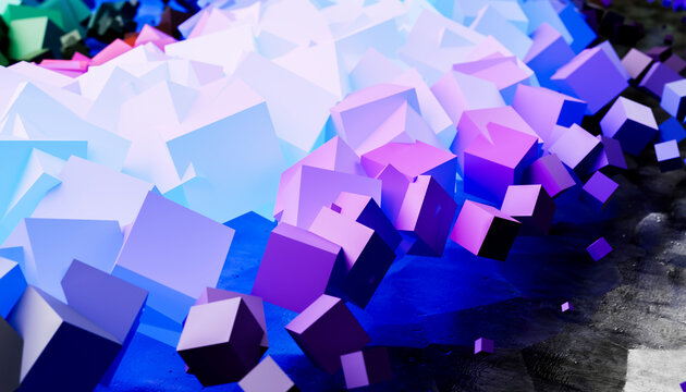3D render of blue and purple colored levitating cubes on black background