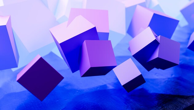3D render of purple colored levitating cubes