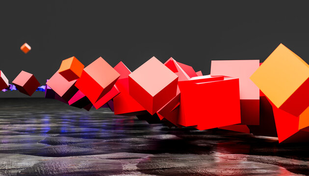 3D rendering of red and multi colored cubes levitating over gray sea water