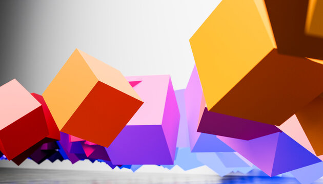 3D render of multi colored cubes levitating over sea water