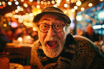 Obraz premium Surprised Man in a Cozy Restaurant Setting Captured with Warm Ambient Lighting