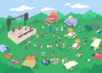 Cartoon Color Music Festival or Open-air Concert Scene Live Performance Concept Flat Design Style. Vector illustration