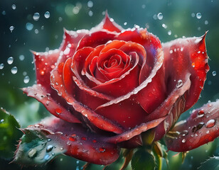 Illustration of a Red Rose with Dew Drops