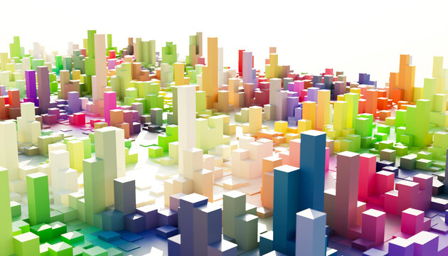 3D render of multi colored abstract geometrical shapes