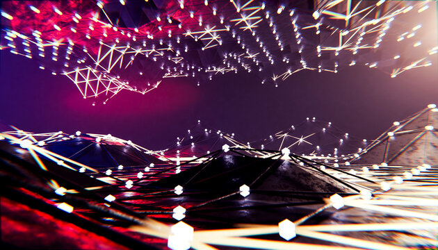 3D render of illuminated multi colored blockchain data