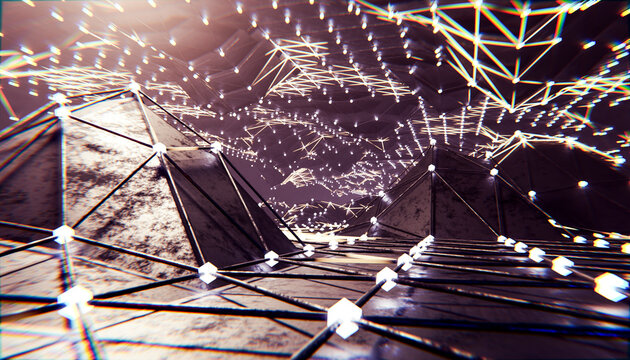 3D render of illuminated blockchain data network