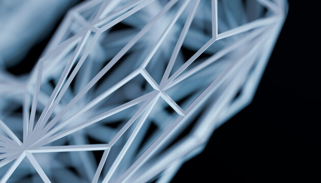 3D render of illuminated geometric shaped blockchain big data over black background