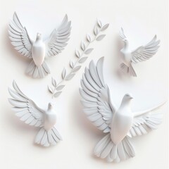 Obraz premium Peace dove icon, pigeons, twigs 3d realistic collection. Flying birds silhouettes on white