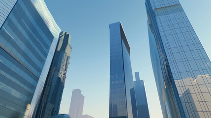 Naklejka premium A futuristic skyscraper with a sleek, reflective glass facade rising against a clear blue sky, showcasing modern urban architecture and advanced design