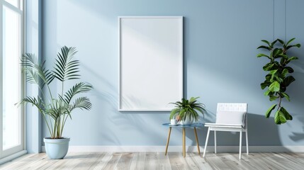 Scandinavian hipster room: Text-ready white frame, blue table with potted flower