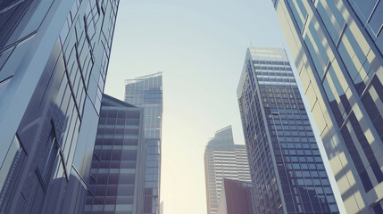 Obraz premium A futuristic skyscraper with a sleek, reflective glass facade rising against a clear blue sky, showcasing modern urban architecture and advanced design