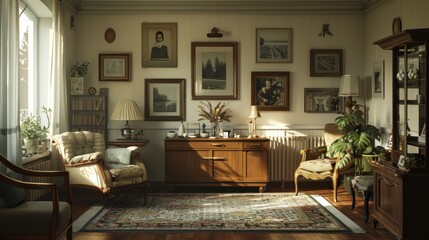 A modest living room with second-hand furniture and a family photo wall.