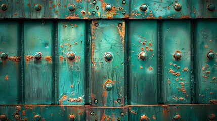 Close-up of a green metal curtain, showcasing its texture and color.