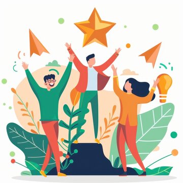 Business milestone celebration, team achieving goal, flat design illustration