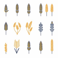 Wheat icon, rye ears sign, barley emblem, oats, cereals symbol, wheat ear, seeds, corns set