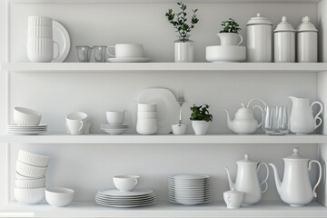 Dishware set in white shelving unit, tableware shelf, kitchen interior, clean white mugs, plates, glass tableware