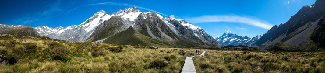 A panoramic view of Hooker Valley with snow-capped peaks and lush green meadows under a clear blue sky. The scene is serene, capturing the natural beauty of the alpine landscape.